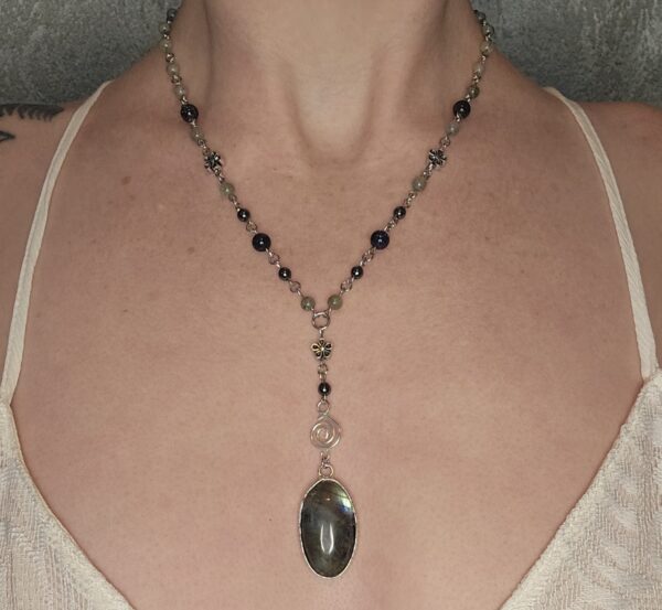 Labradorite Pendant (Hematite, Labradorite + Blue Goldstone Beads)